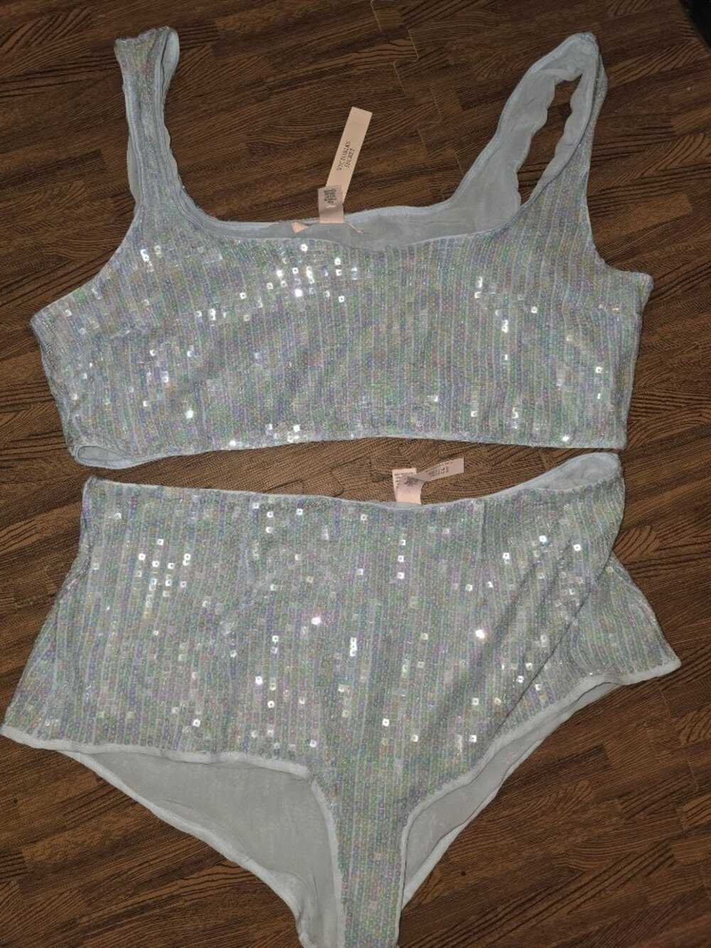 Victorias Secret Sequin Crop Top & High-Waist Bottoms Set XXL Light Blue Polyest